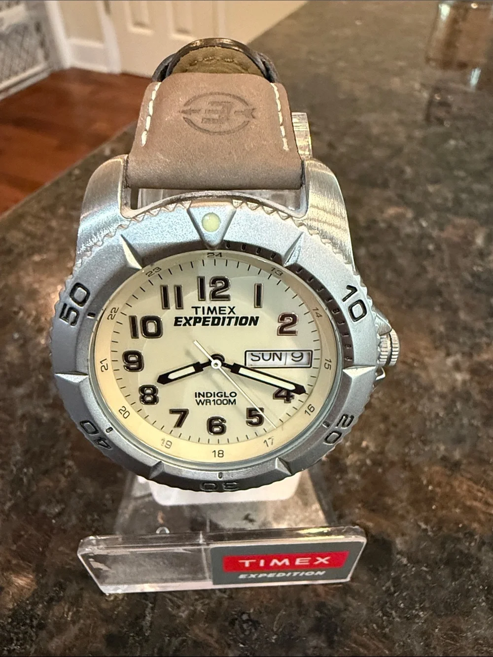 Timex Silver Case Watch with Cream Dial and Brown Leather Strap